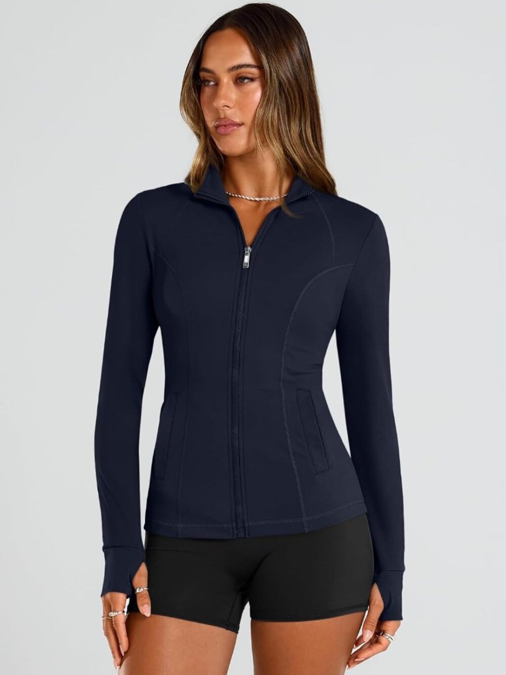 〽️Women Deep Blue Zip Up Hoodie Gym Slim Fit Lightweight Workout Athletic Jacket - Picture 2 of 6